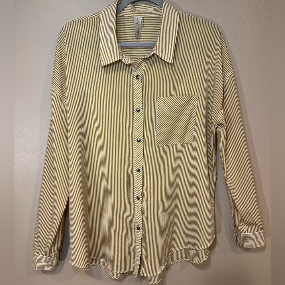 Allison Joy Womens Button Down Shirt Mustard Yellow White Striped Large L Pocket